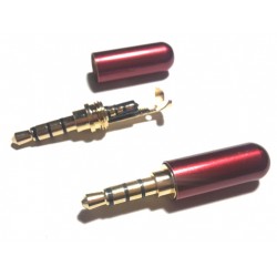 Connettore a saldare 4 poli : Audio destro , Audio sinistro , Microfono . Connettore in metallo filettato . Colore Rosso