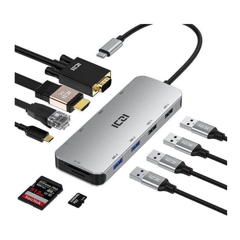 Docking station USB C -  10 in 1 Adpt USB C HDMI 4K VGA LAN Gbps Porta SD/TF 4 USB 3.0/2.0