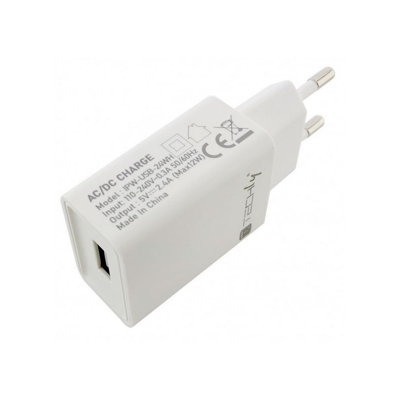 220 >USB Caricatore Alimentatore USB-A da Muro 5V 2.4A per Smartphone o Tablet BIANCO