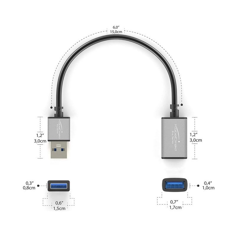 CAVO USB - Prolunga USB 3.0,15cm Colore Nero/Space Grey - PRO Series